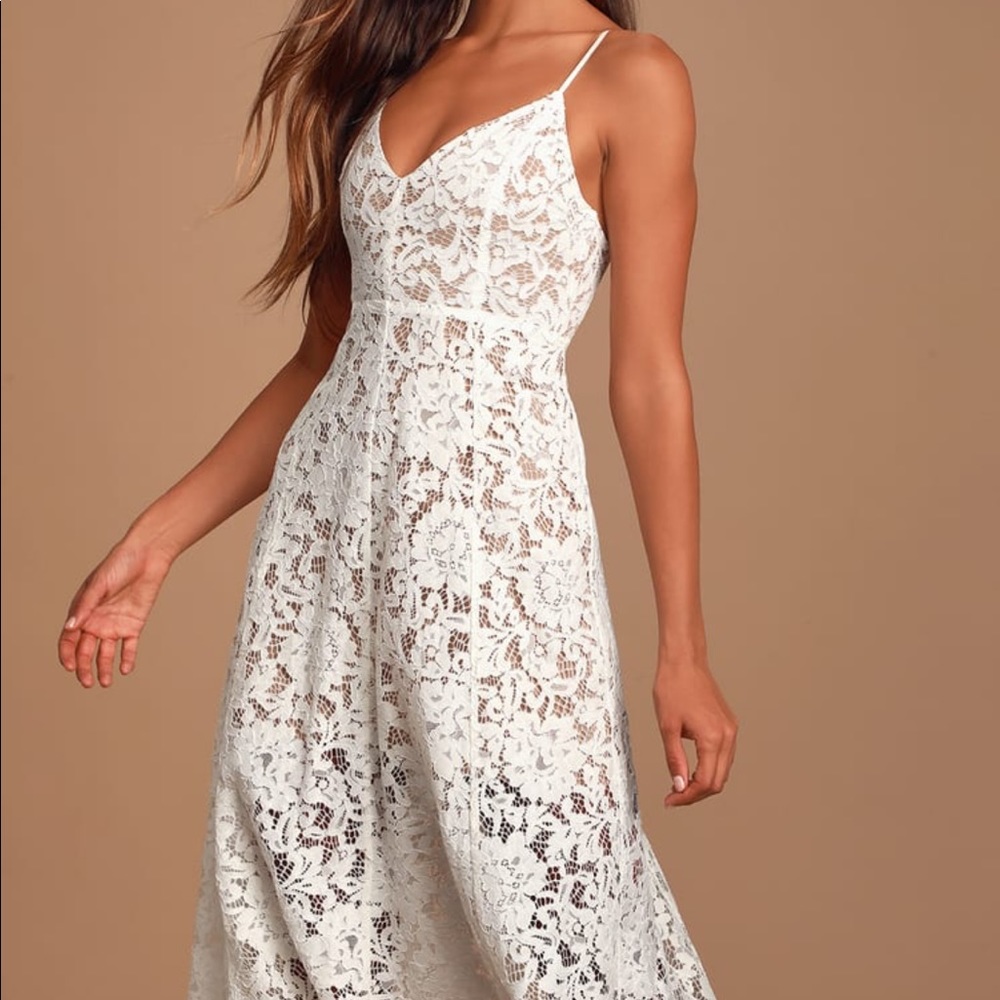 Lulu’s One Wish White Lace Midi Dress, Size M